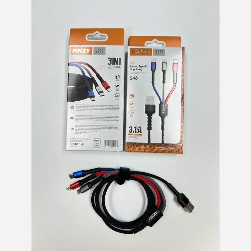 کابل شارژر 3 کاره PINZY مدل S46 با قابلیت شارژ و انتقال داده - Lightning -Type-C - Micro USB